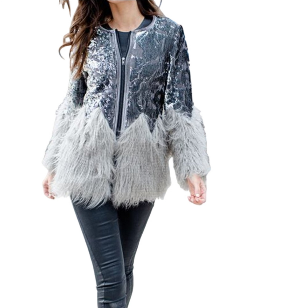 Fabulous Furs PEWTER SEQUIN SHIMMER FAUX FUR JACKET